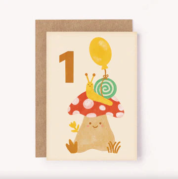 Mushroom Snail 1st Birthday Card