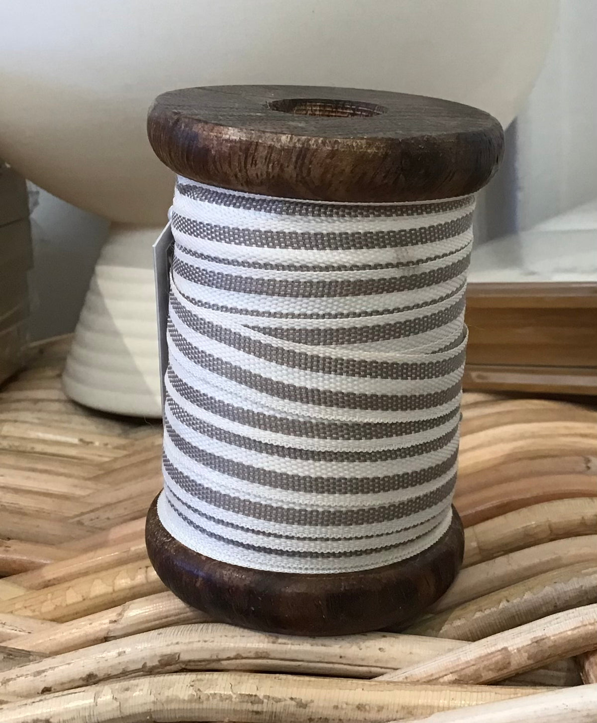 Grey Stripe Grosgrain Ribbon on Wooden Spool