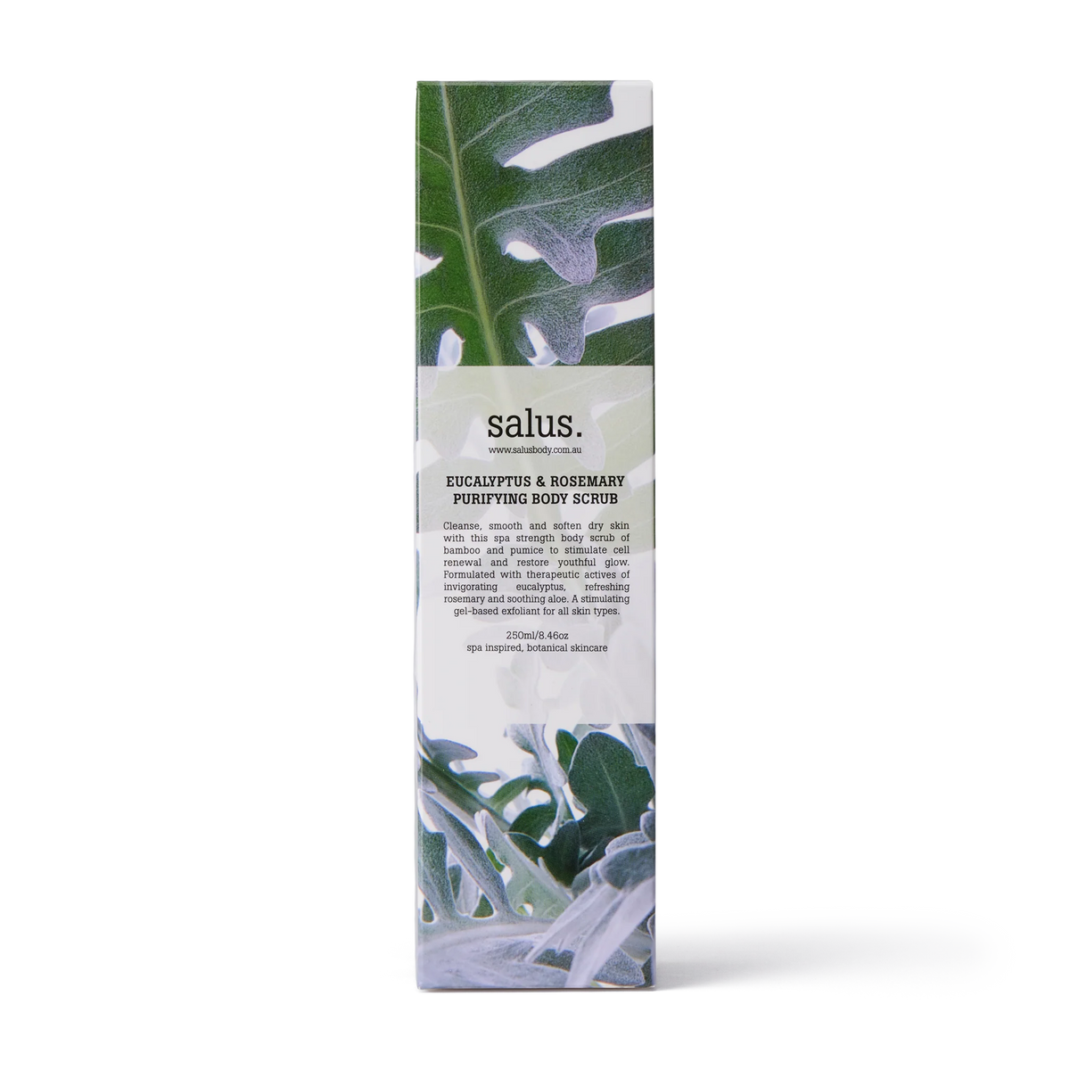 Eucalyptus and Rosemary Body Scrub packaging - white with leaves