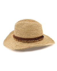 A natural straw fedora hat with a brown beaded band around the crown.