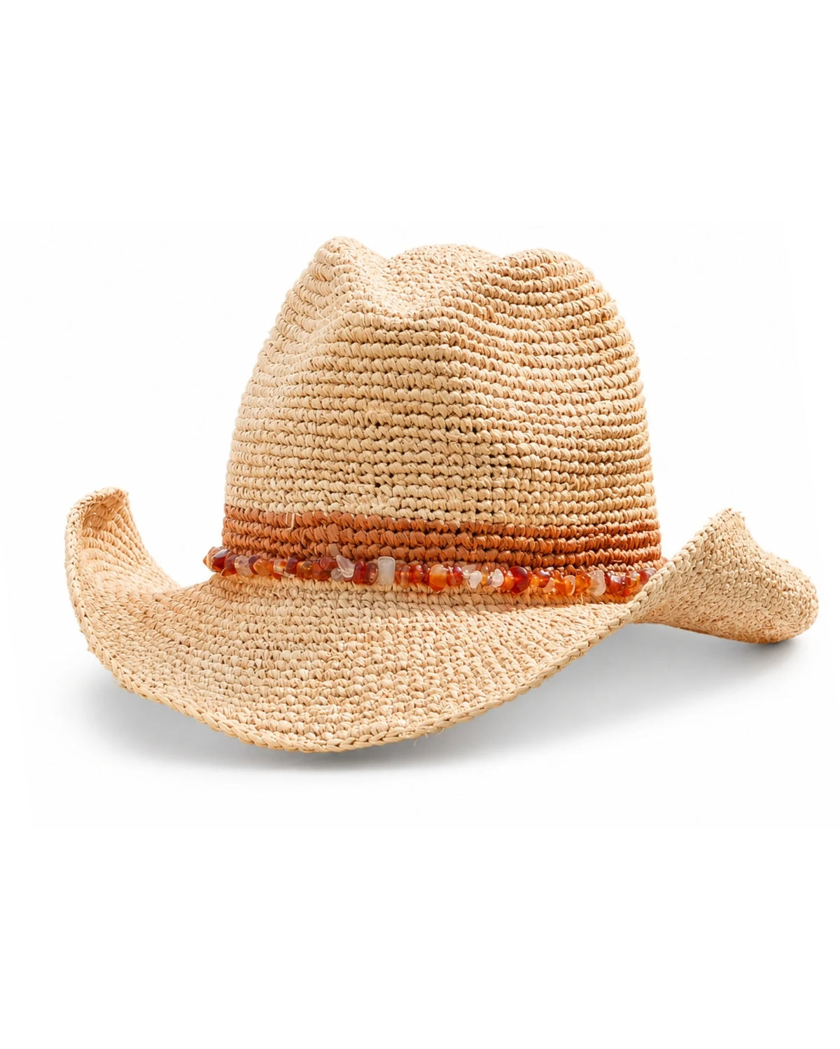 A woven straw cowboy hat in a natural tan color, featuring a textured orange and white beaded band around the crown.