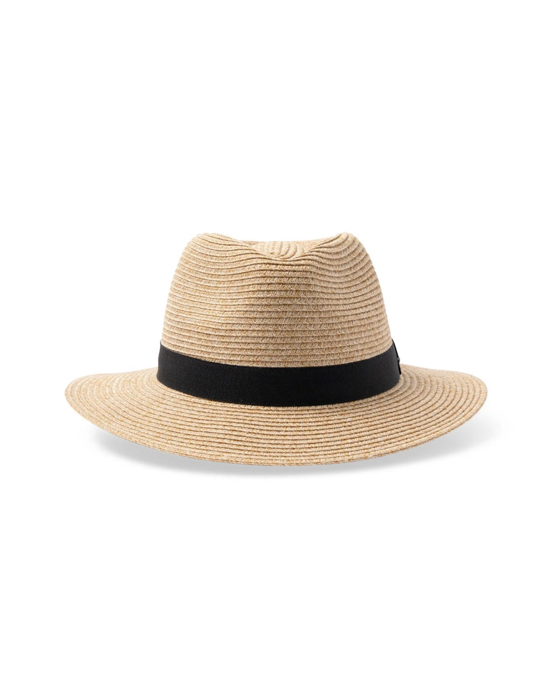 A natural straw fedora hat with a black ribbon band