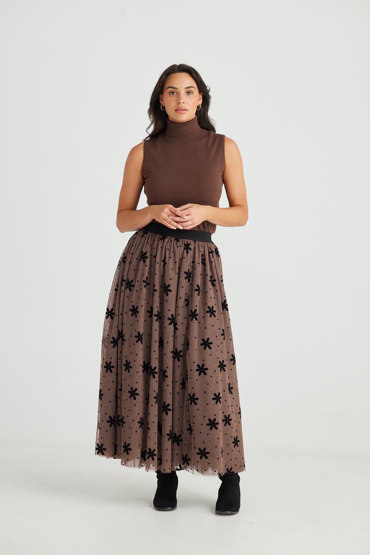 Brave + True | Carrie Skirt - Tan Floral Dot