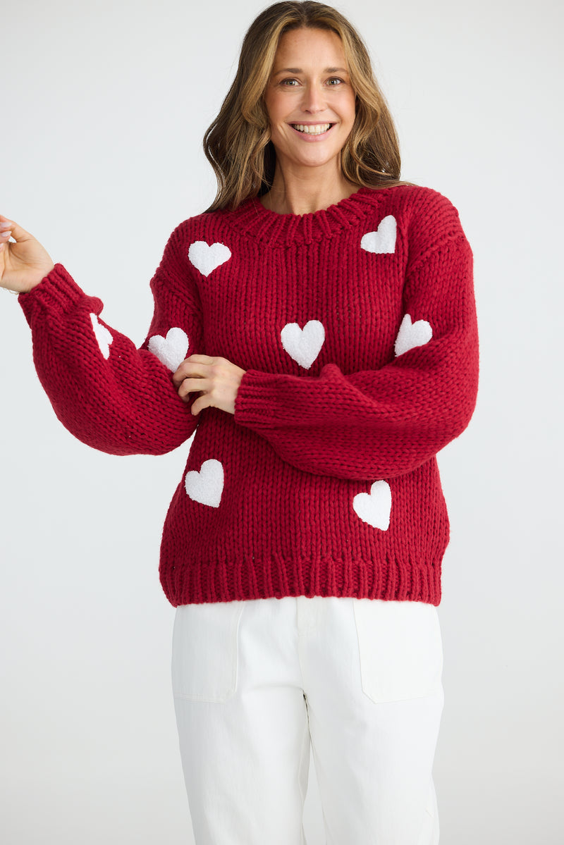 Brave + True | Cherry Red w White Hearts Knit