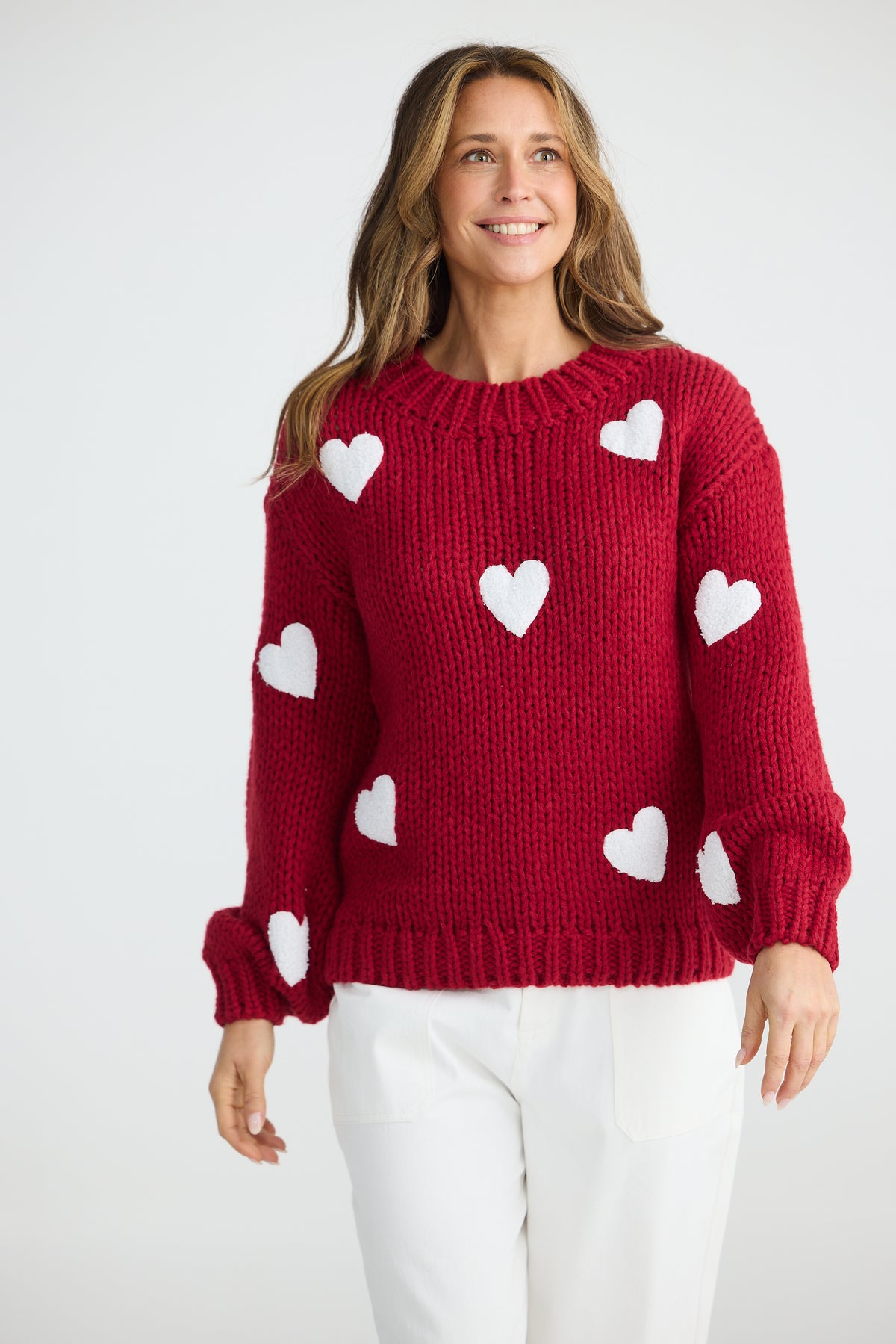 Brave + True | Cherry Red w White Hearts Knit