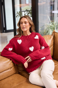 Brave + True | Cherry Red w White Hearts Knit
