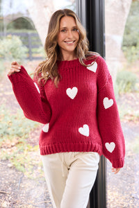 Brave + True | Cherry Red w White Hearts Knit