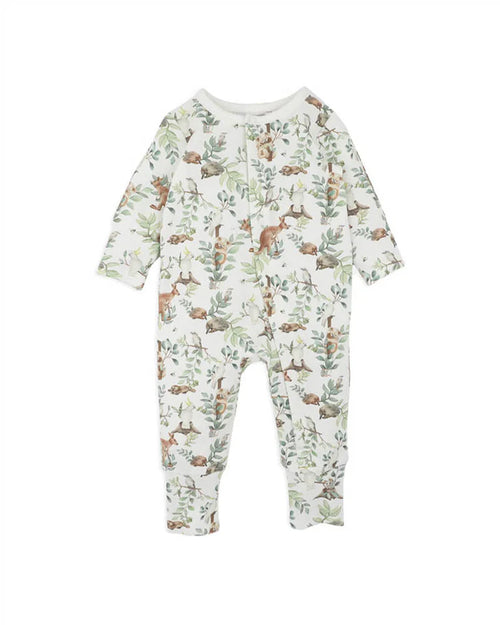 Baby onesie with forest animal pattern on a white background