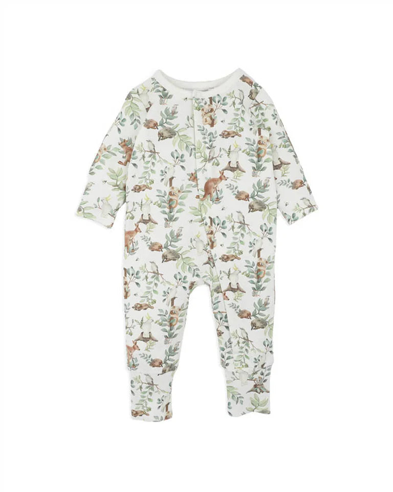 Baby onesie with forest animal pattern on a white background
