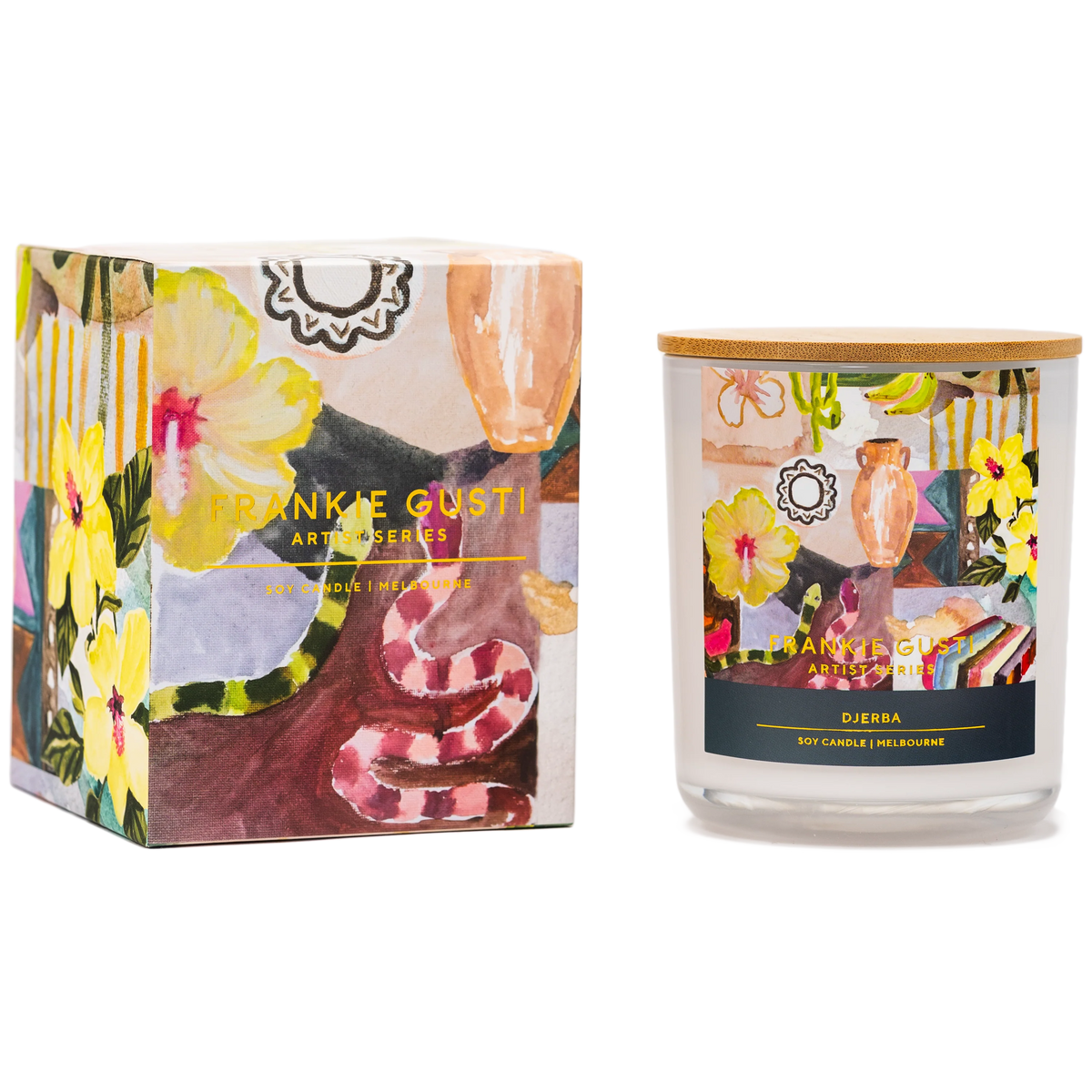 Candle with decorative packaging featuring floral and abstract designs including a snake and hibiscus flowers, and 'Frankie Gusti' branding.