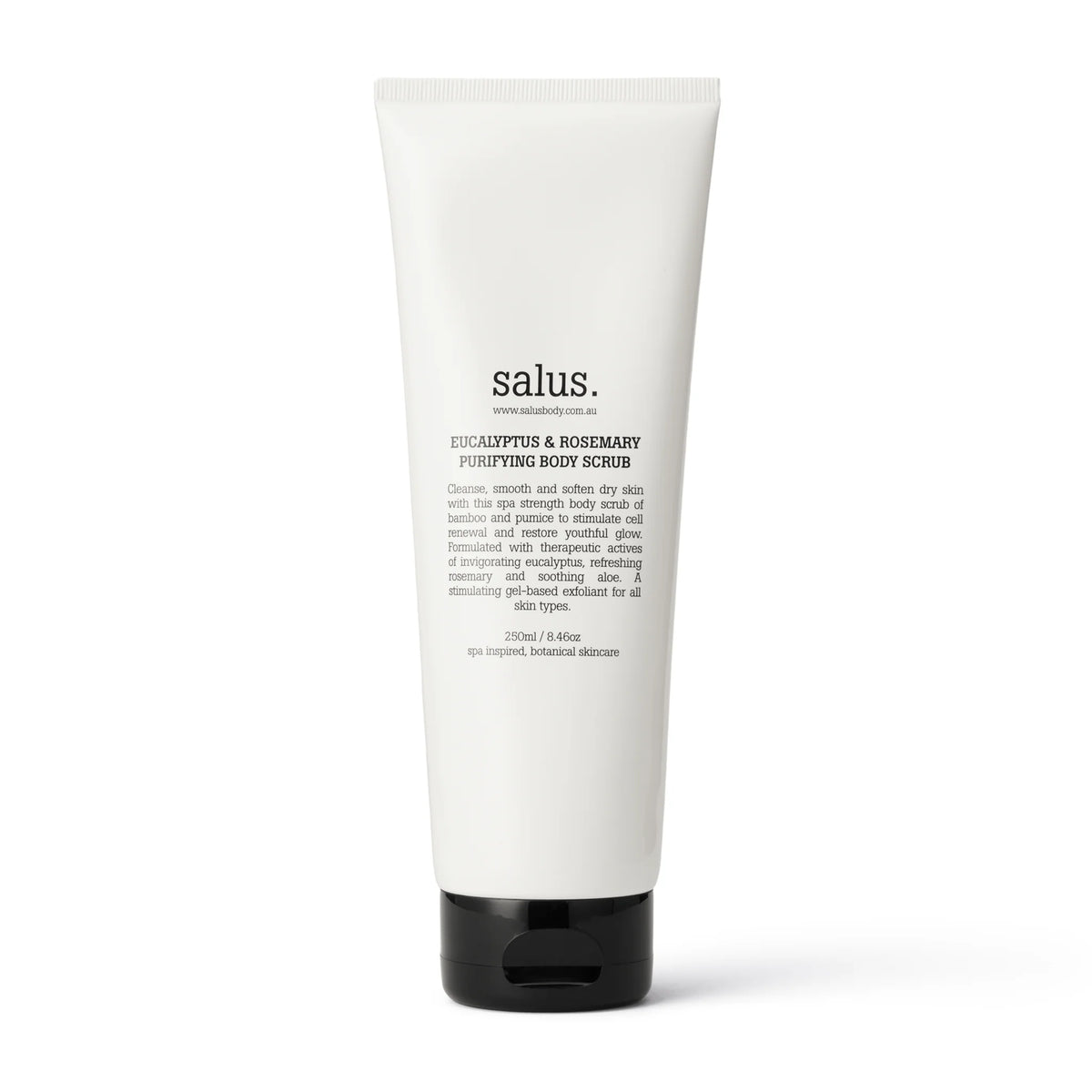 Eucalyptus AND Rosemary Body Scrub in a 250ml white tube.