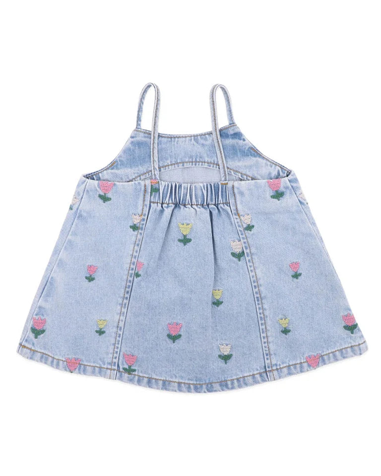  Sundae Tulip Light blue denim dress with floral embroidery on a white background