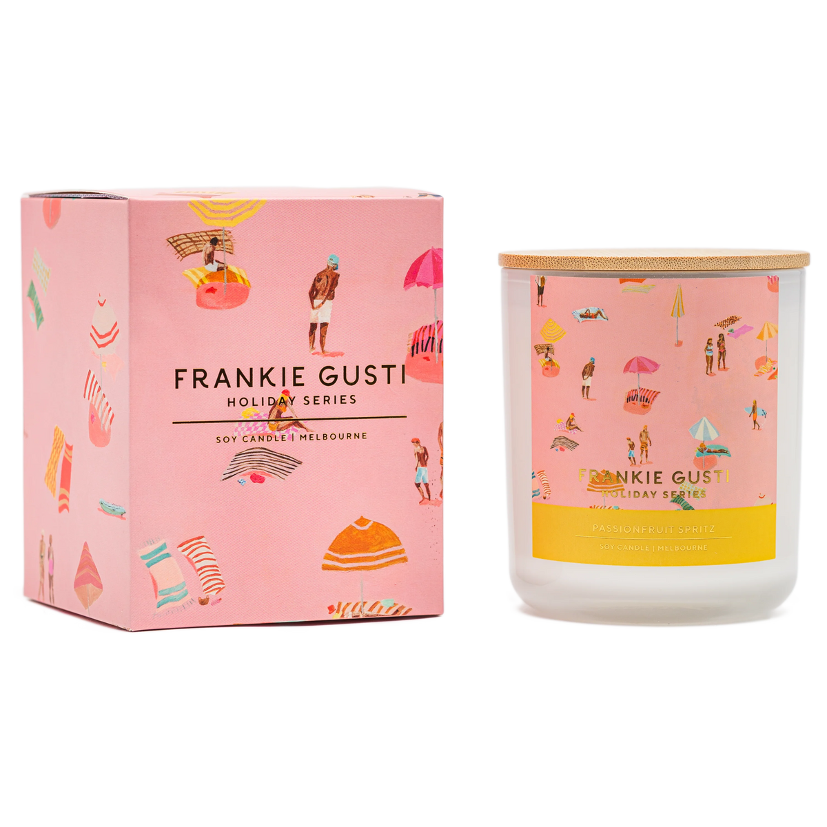 Frankie Gusti candle and packaging with holiday-themed illustrations on a white background