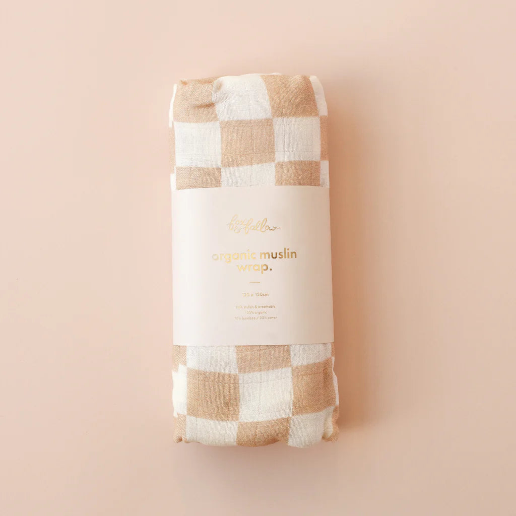 Fox & Fallow | Coffee Stripe / Caramel Check Organic Muslin Wrap Set