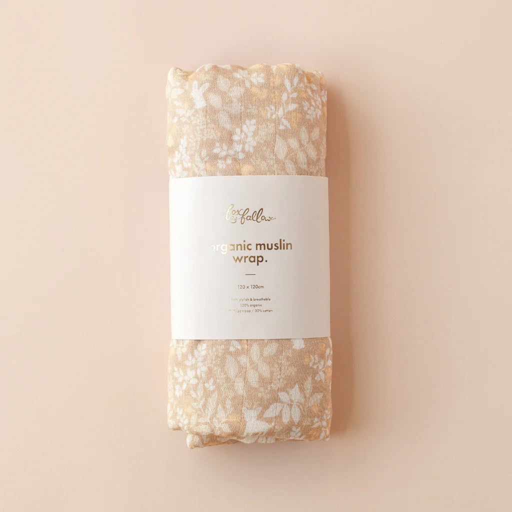 Fox & Fallow | Gold Holly + Forest Friends Caramel Organic Muslin Wrap Set