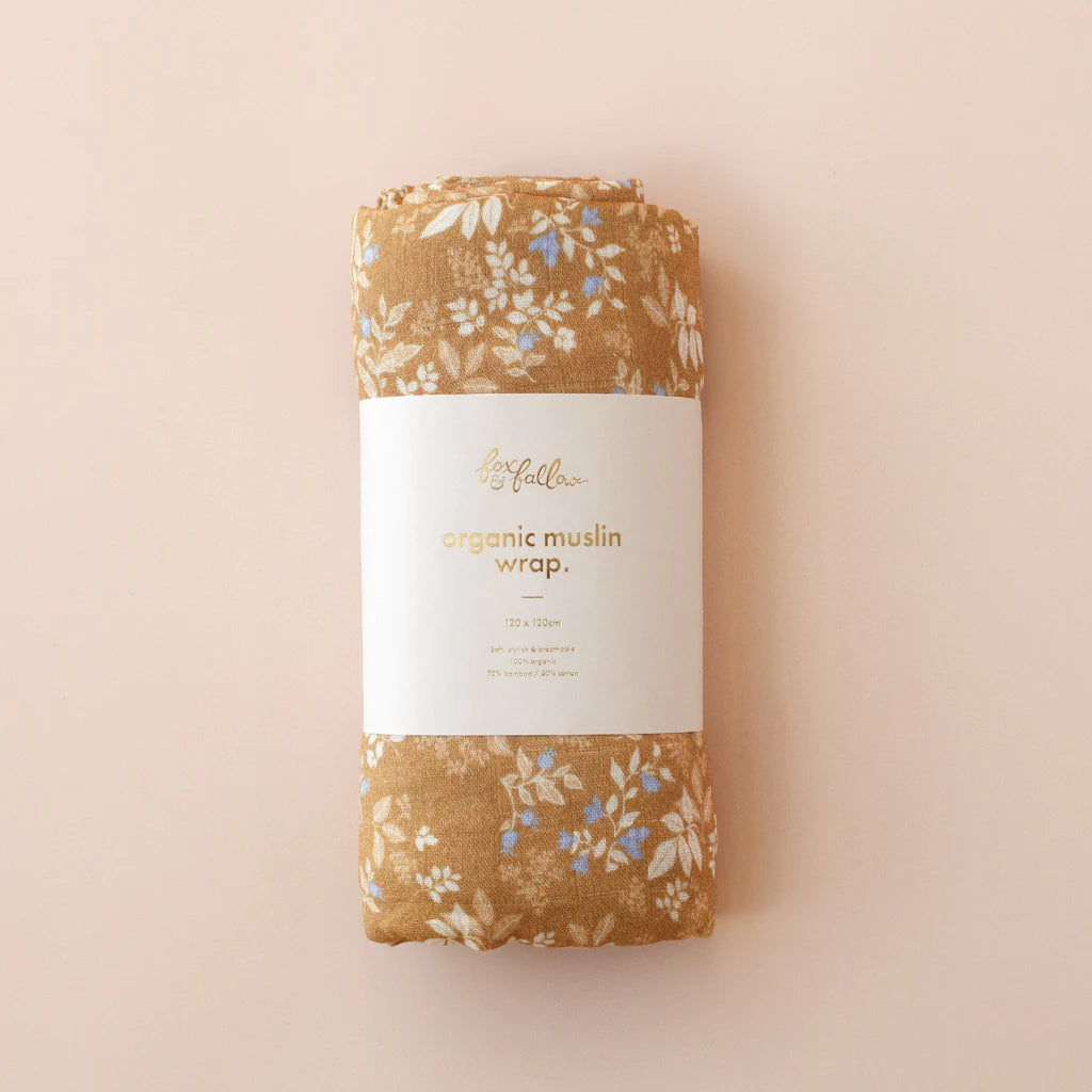 Fox & Fallow | Gold Holly + Forest Friends Caramel Organic Muslin Wrap Set