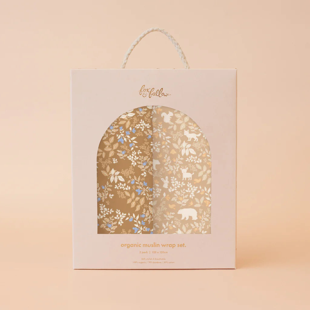 Fox & Fallow | Gold Holly + Forest Friends Caramel Organic Muslin Wrap Set