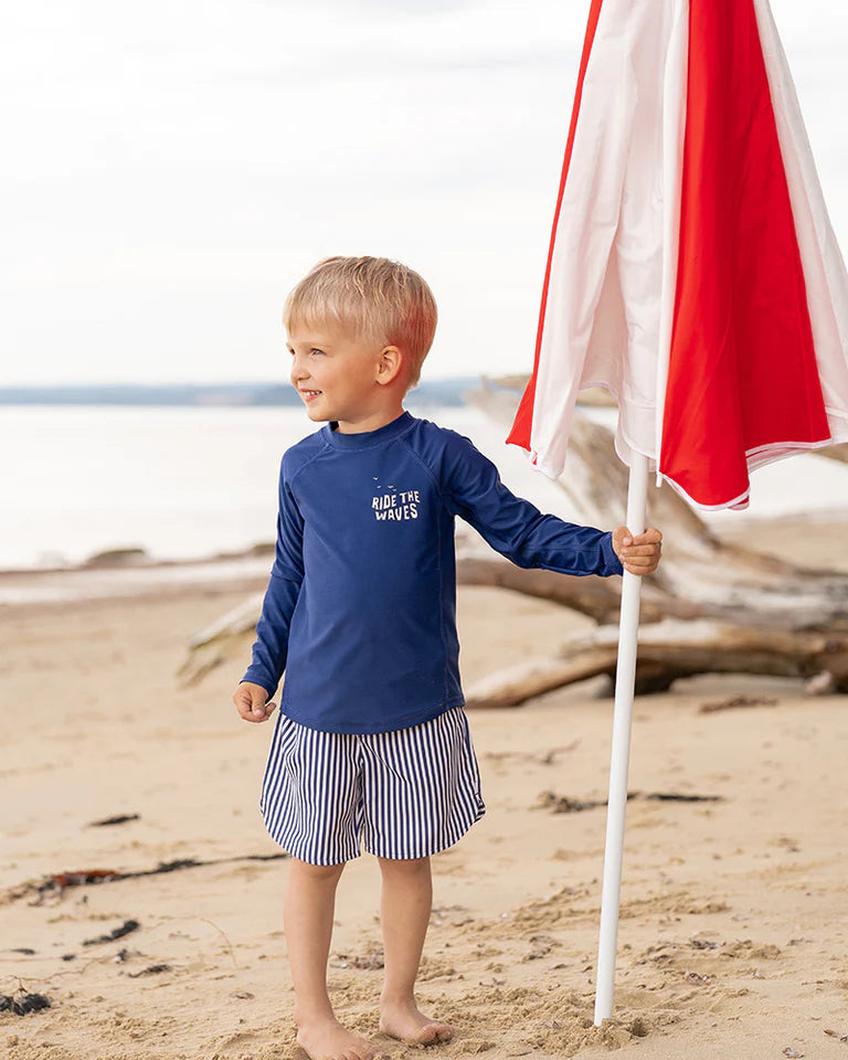 Minihaha Swim | Boys Stripe Board Shorts - Navy