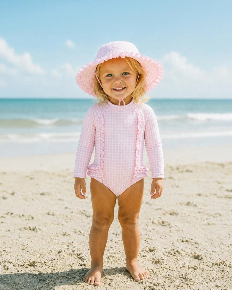 Minihaha Swim | Pink Gingham LS Sunsuit
