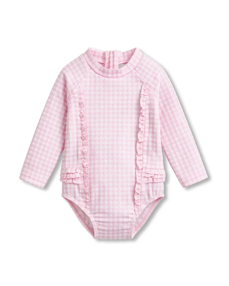 Minihaha Swim | Pink Gingham LS Sunsuit