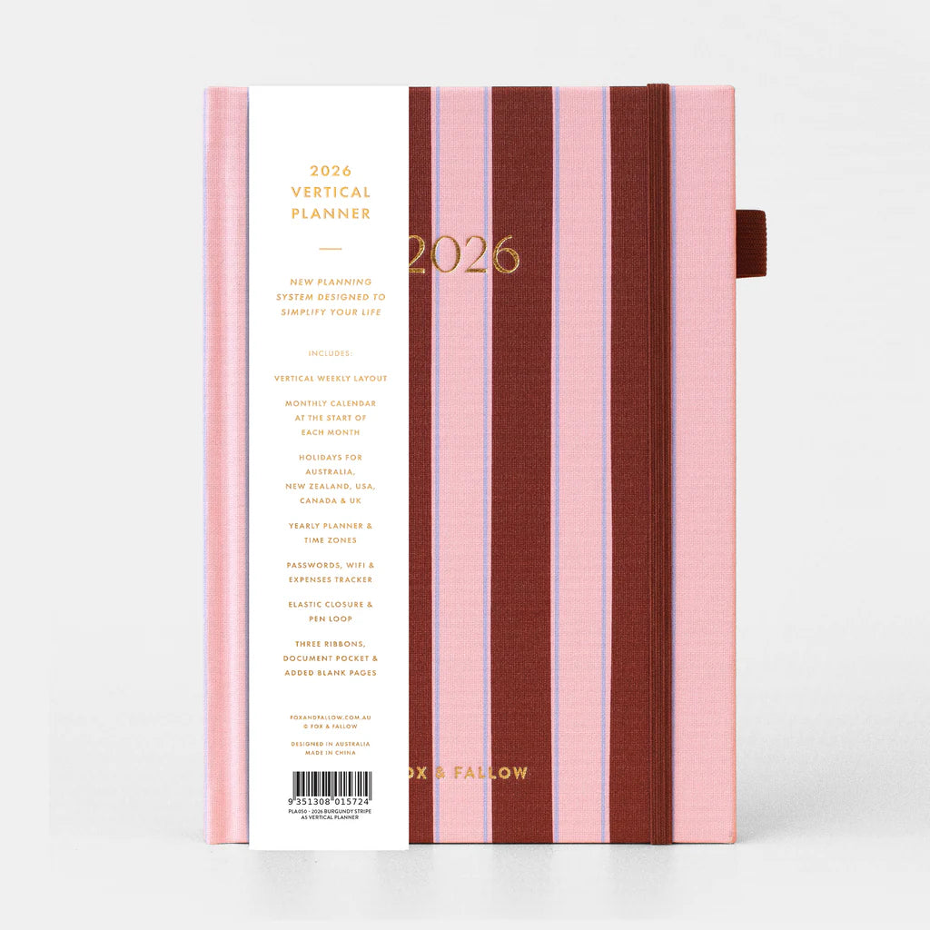 Fox + Fallow | 2026 A5 Vertical Planner - Burgundy Stripe