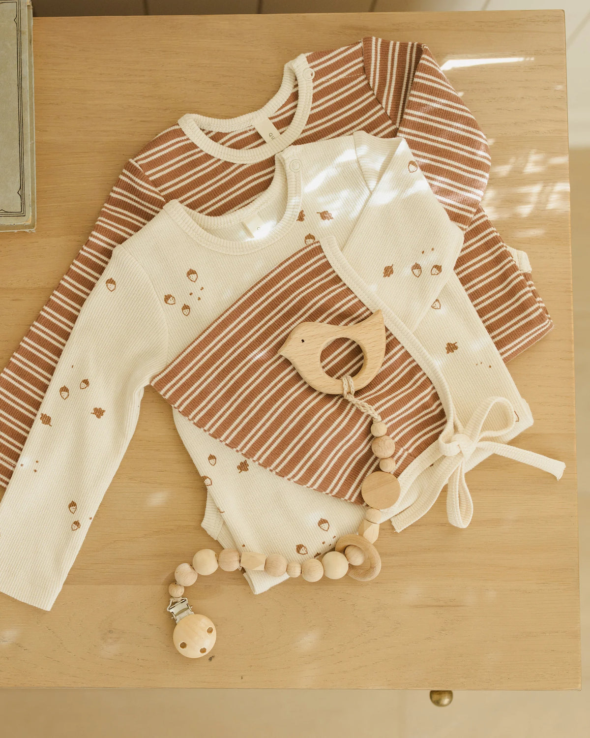 Quincy Mae | Ribbed Bodysuit; 2 Pack Cedar- Micro Stripe & Acorns