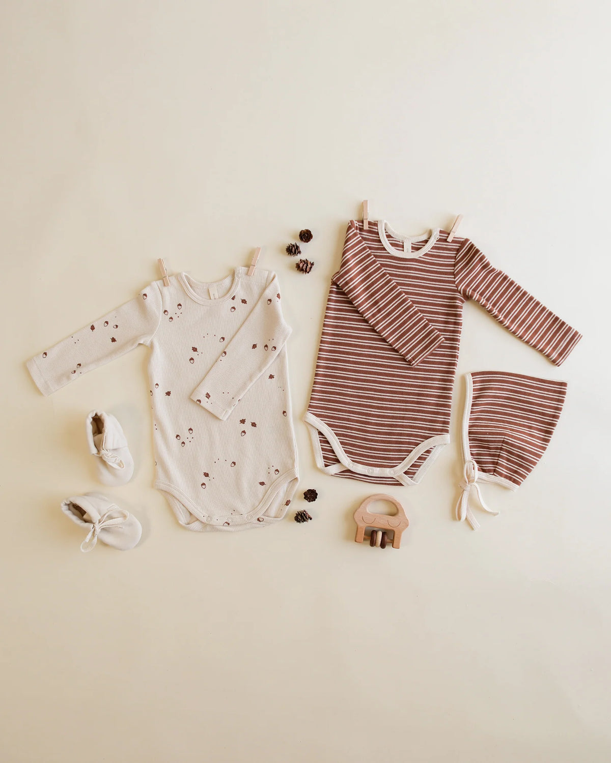 Quincy Mae | Ribbed Bodysuit; 2 Pack Cedar- Micro Stripe & Acorns