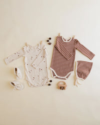 Quincy Mae | Ribbed Bodysuit; 2 Pack Cedar- Micro Stripe & Acorns
