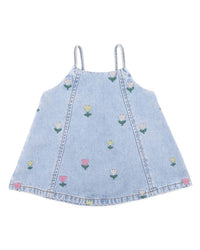 A light blue denim camisole top for toddlers, featuring thin shoulder straps, a V-neckline, and embroidered tulips in pink, yellow, and white with green leaves scattered across the front.