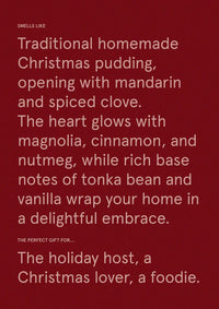 Text description of Christmas pudding scent on a red background