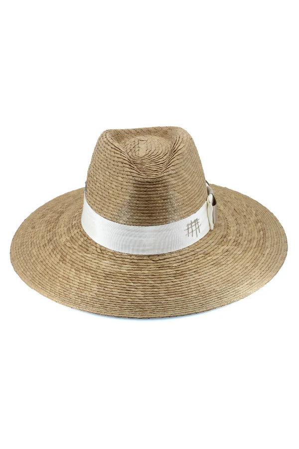 Beige straw hat with a white band on a white background