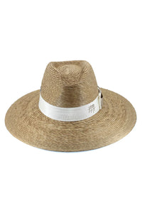 Beige straw hat with a white band on a white background