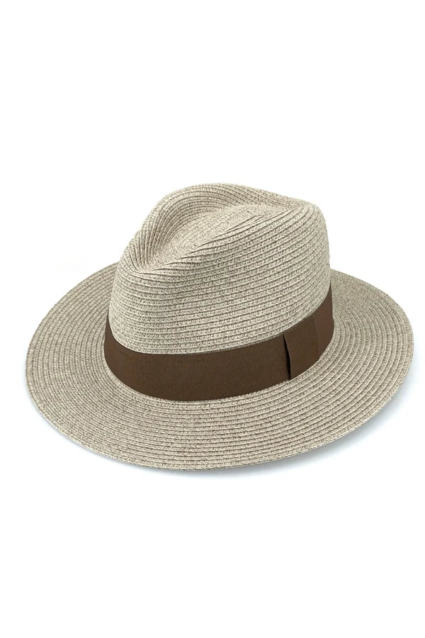 A light beige ladies woven straw fedora hat with a wide brown ribbon band