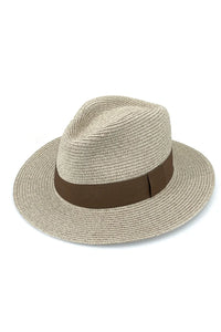A light beige ladies woven straw fedora hat with a wide brown ribbon band