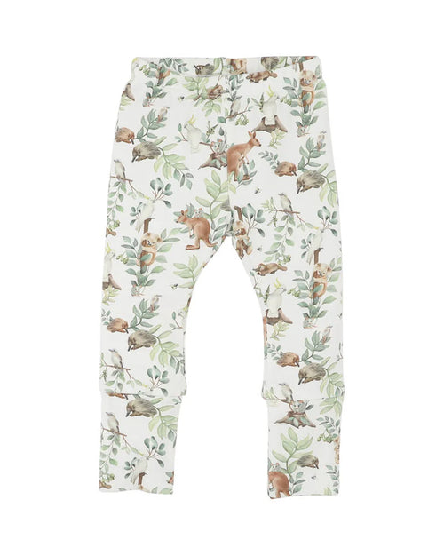 Pajama pants with a forest animal pattern on a white background