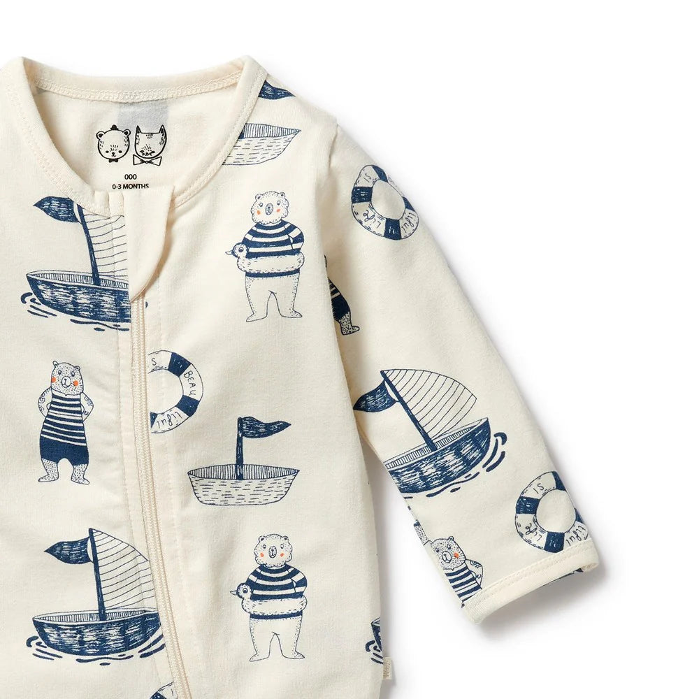 Wilson + Frenchy | Nautical Bear Organic Zipsuit with Feet.