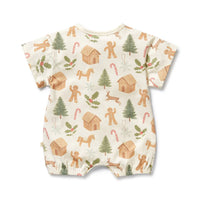 Baby romper with Christmas-themed pattern on a white background