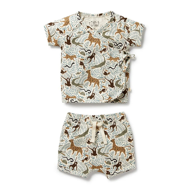 Children's pajama set with animal pattern on a white background