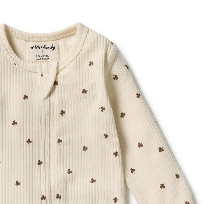 CLOSE UP OF RIB DETAIL - COTTON ZIPSUIT WITH CLOVER PRINT
