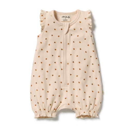 BEIGE ONESIE FEATURING ORANGE LADYBUGS AND A RUFFLE DETAIL ON THE SHOULDERS AND LEG