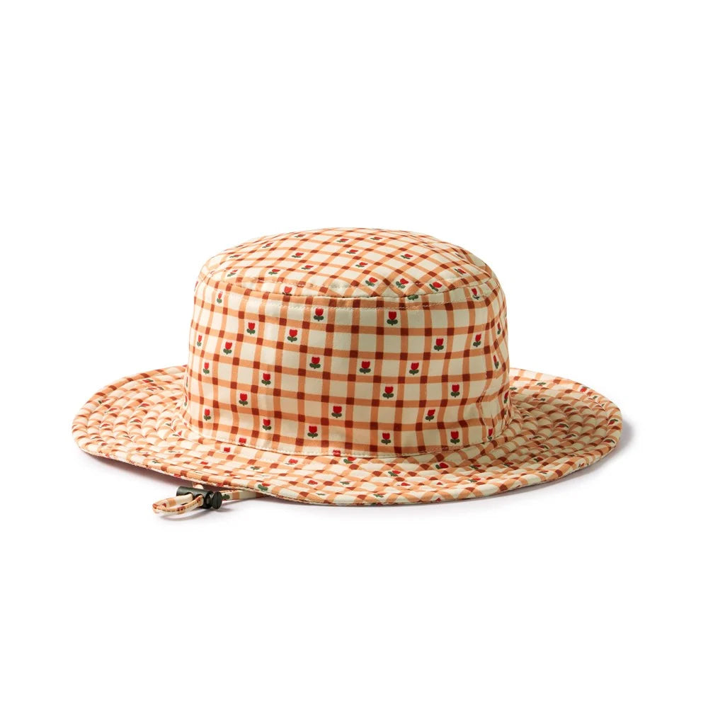 CHECKERBERRY HAT - SWIM HAT WITH ORANGE GINGHAM CHECK WITH LITTLE RED FLOWERS