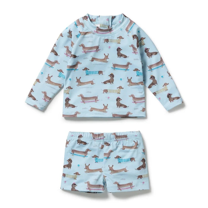 BLUE SWIM RASHIE AND MATCHING SWIM SHORTS WITH LITTLE DACHSHUND DOGS ON IT