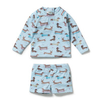 BLUE SWIM RASHIE AND MATCHING SWIM SHORTS WITH LITTLE DACHSHUND DOGS ON IT