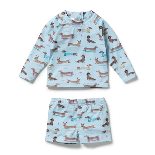 BLUE SWIM RASHIE AND MATCHING SWIM SHORTS WITH LITTLE DACHSHUND DOGS ON IT