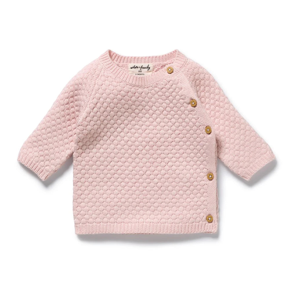 Pink bubble knit textured sweater with bamboo buttons 