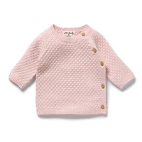 Pink bubble knit textured sweater with bamboo buttons 