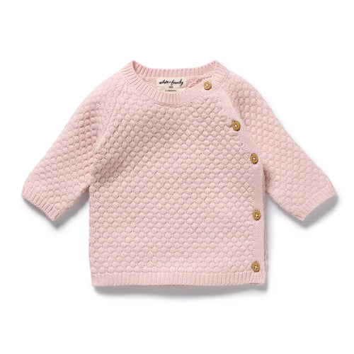 Pink bubble knit textured sweater with bamboo buttons 