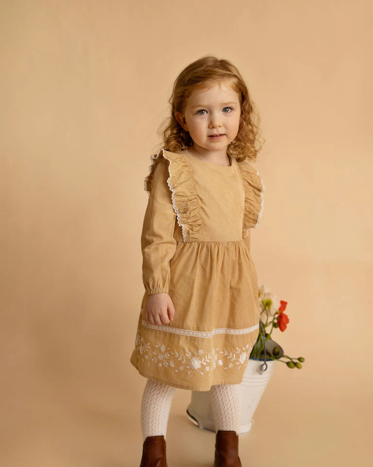 Bebe | Winnie Embroidered Gingham Dress - Mustard Check
