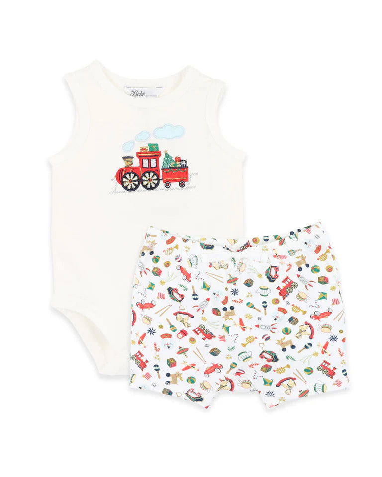 Bebe | FESTIVE TRAIN SINGLETSUIT SHORTS SET