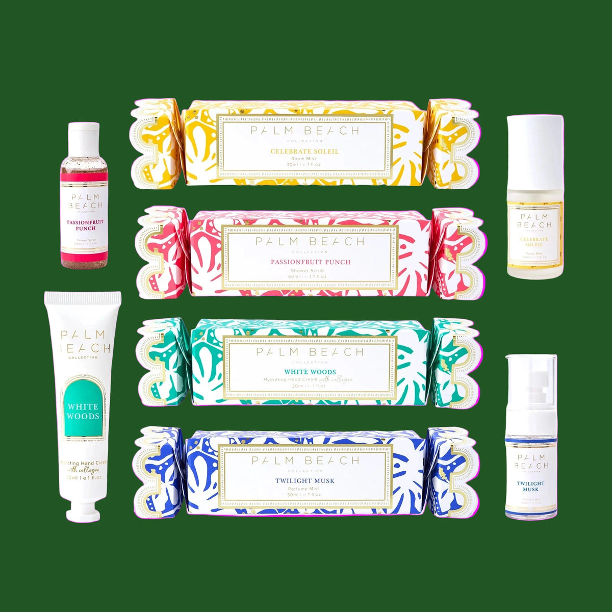 Collection of Palm Beach Fragrance products including bars and bottles on a green background